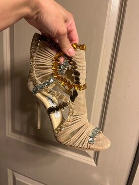 Jimmy Choo Beige Suede Jeweled Strappy Stiletto Sandals